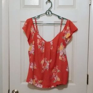 Floral, off shoulder, flutter sleeve top, M